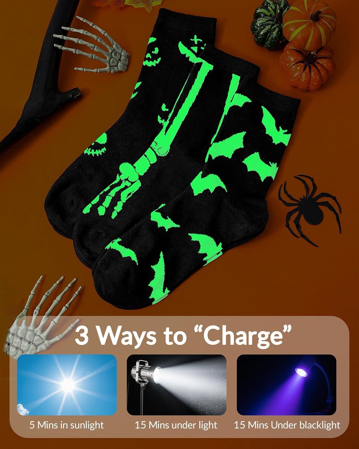 imageMoyel 3Pack Glow in The Dark Halloween Socks for Men Ghost Bat Skeleton Socks Scary Spooky Horror Halloween Gifts for Adults Basket Stuffers Fun Party Favors Supplies Costumes Funny Cute
