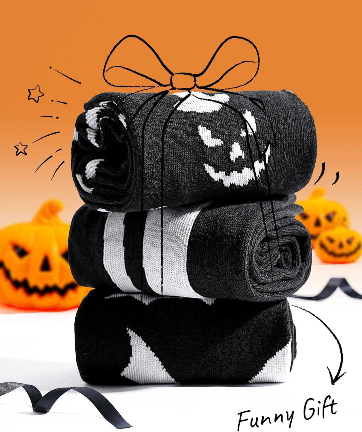 imageMoyel 3Pack Glow in The Dark Halloween Socks for Men Ghost Bat Skeleton Socks Scary Spooky Horror Halloween Gifts for Adults Basket Stuffers Fun Party Favors Supplies Costumes Funny Cute