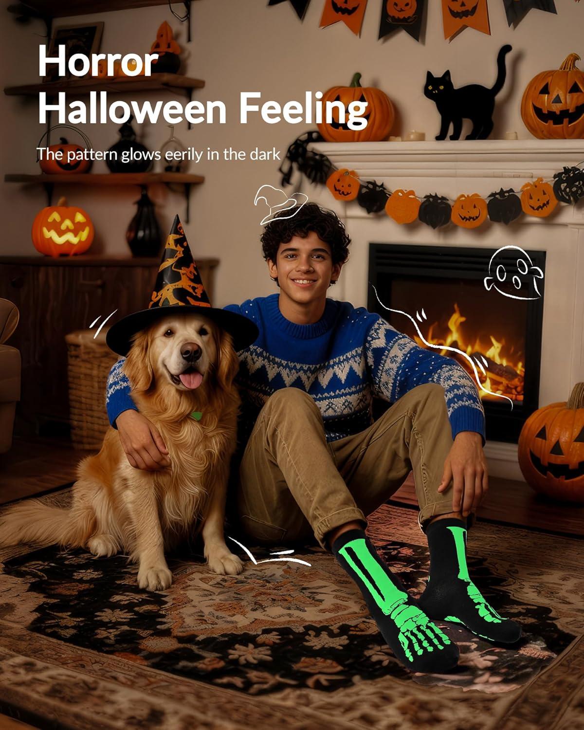 imageMoyel 3Pack Glow in The Dark Halloween Socks for Men Ghost Bat Skeleton Socks Scary Spooky Horror Halloween Gifts for Adults Basket Stuffers Fun Party Favors Supplies Costumes Funny Cute