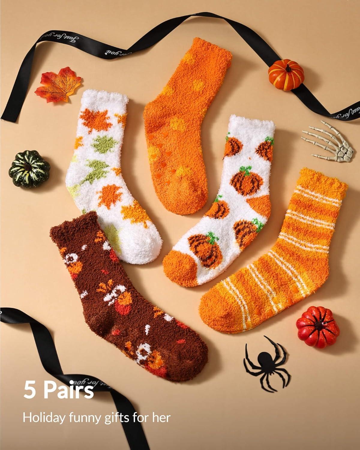 imageMoyel Fuzzy Socks for Women Girls Halloween Thanksgiving 5 Pairs Socks Fall Slipper with GripMulticolorfall