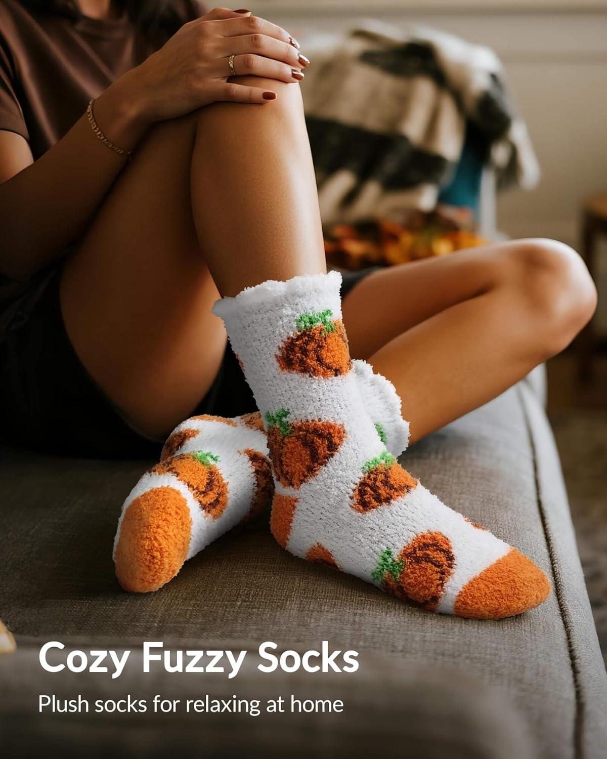 imageMoyel Fuzzy Socks for Women Girls Halloween Thanksgiving 5 Pairs Socks Fall Slipper with GripMulticolorfall