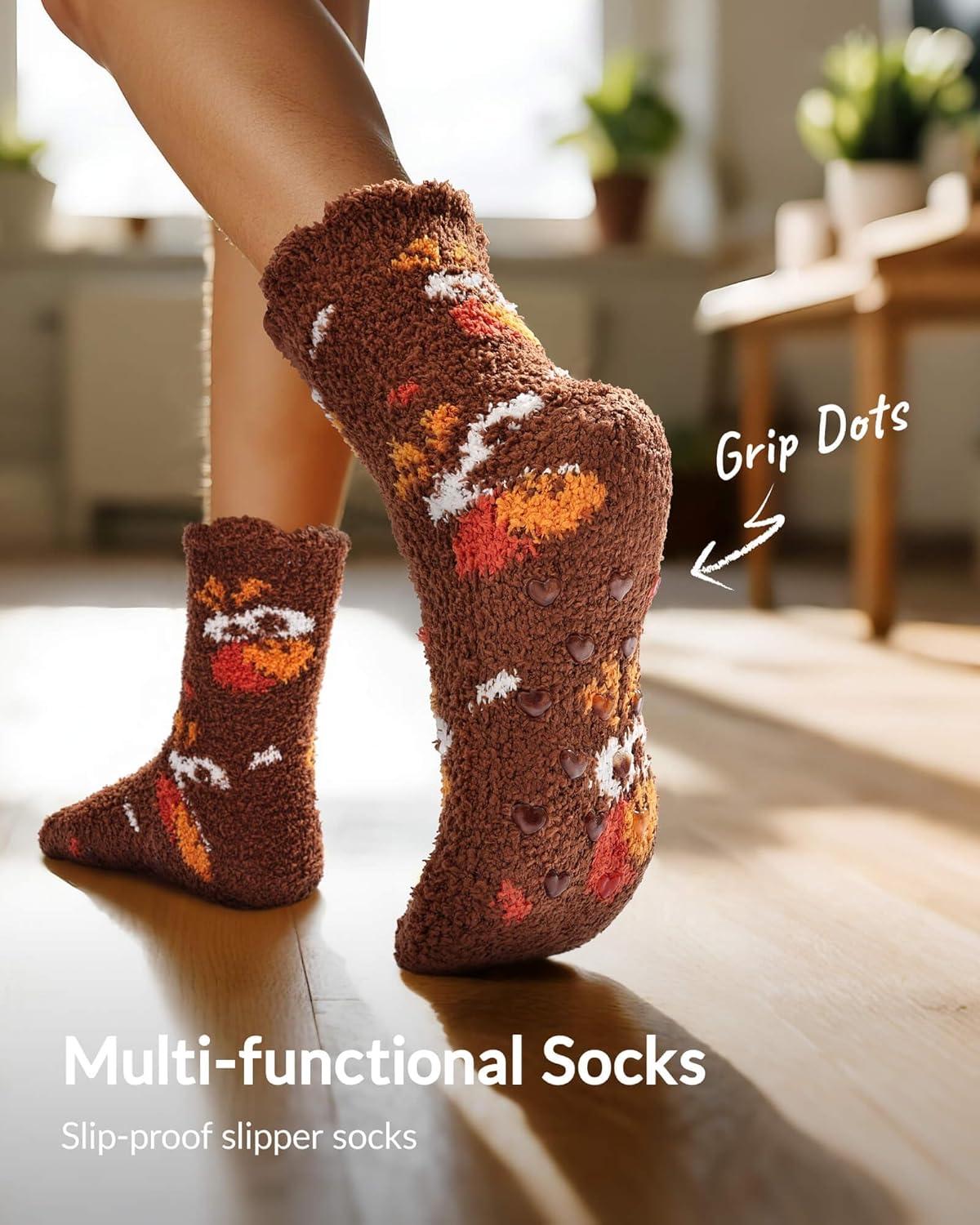 imageMoyel Fuzzy Socks for Women Girls Halloween Thanksgiving 5 Pairs Socks Fall Slipper with GripMulticolorfall