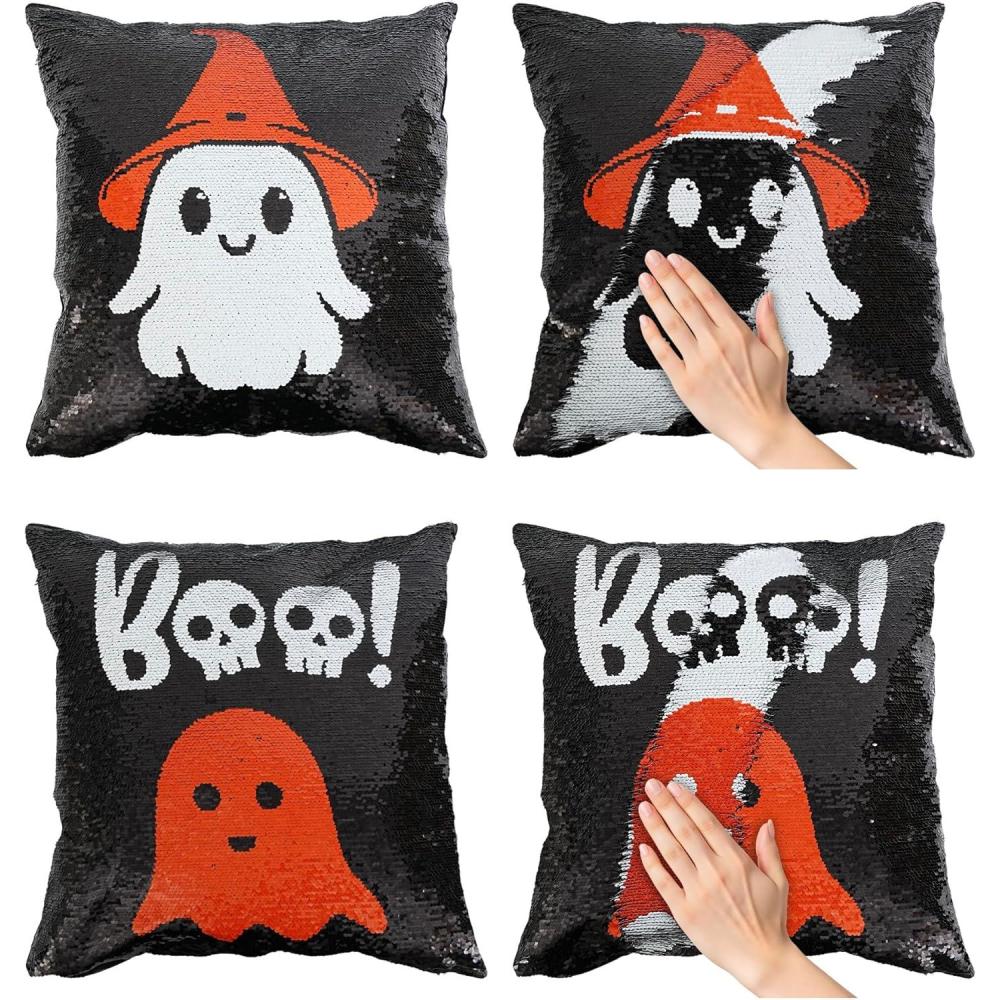 imageMoyel 2Pack Halloween Pillow Covers 18x18 Inch Reversible Ghost Throw Pillow Covers Ghost Halloween Decorations Indoor Cute Horror Spooky Gifts for Couch Bedroom Home