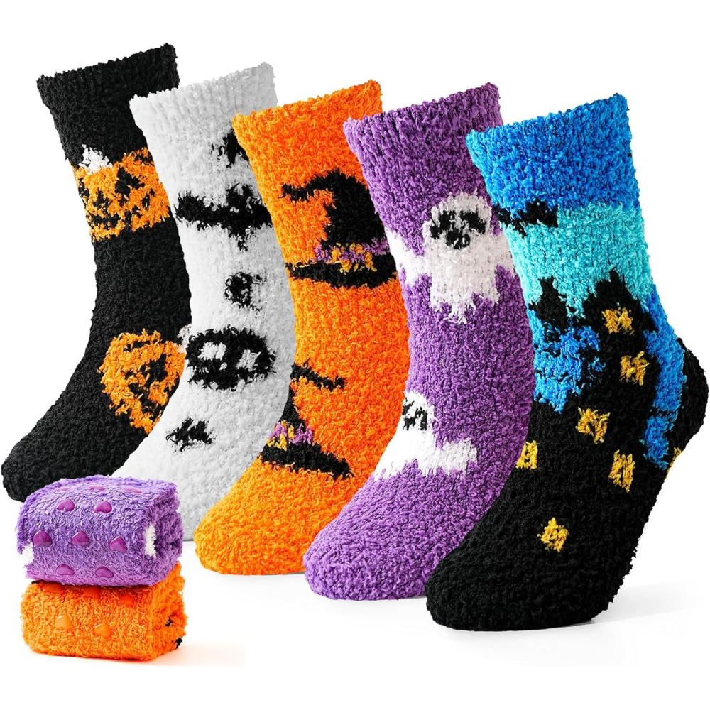 imageMoyel 5 Pairs Halloween Socks Kids Funny Halloween Gifts for Boys Girls Fuzzy Socks Cute Boo Basket Stuffers for KidsMulticolor Fuzzy5 Pairs