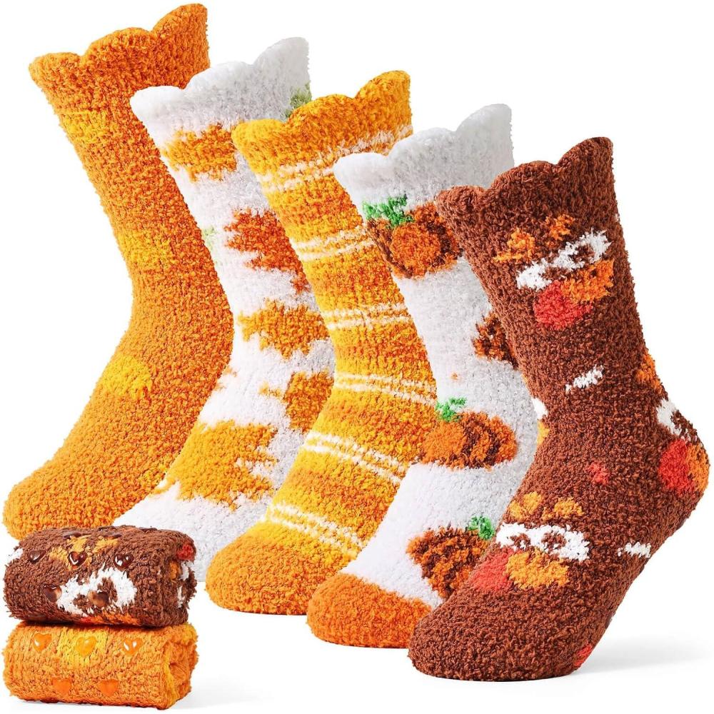 imageMoyel Fuzzy Socks for Women Girls Halloween Thanksgiving 5 Pairs Socks Fall Slipper with GripMulticolorfall