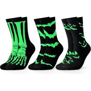 Moyel 3-Pack Glow in The Dark Halloween Socks for Men Ghost Bat Skeleton Socks Scary Spooky Horror Halloween Gifts for Adults Basket Stuffers Fun Party Favors Supplies Costumes Funny Cute