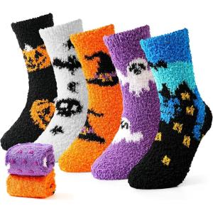 Moyel 5 Pairs Halloween Socks Kids Funny Halloween Gifts for Boys Girls Fuzzy Socks Cute Boo Basket Stuffers for Kids(Multicolor Fuzzy-5 Pairs)