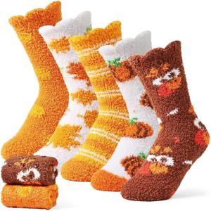 Moyel Fuzzy Socks for Women Girls Halloween Thanksgiving 5 Pairs Socks Fall Slipper with Grip(Multicolor-fall)