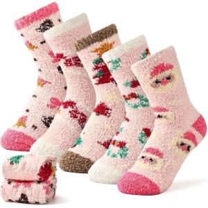 Moyel Fuzzy Socks for Women Girls Halloween Thanksgiving 5 Pairs Socks Fall Slipper with Grip(Pink)