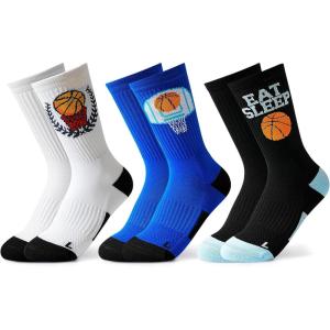 Moyel Sports Socks for Boys Kids 8-12 12-14 Athletic Socks for Kids Crew Socks for Boys Baseball Gifts(Multicolor Basketball)