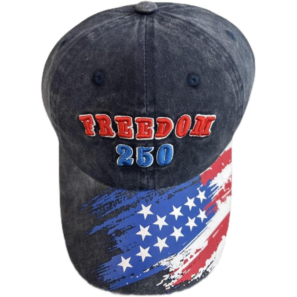 image:imageVintage Baseball Cap with Freedom Embroidery Adjustable Baseball Hat Cotton Dad Hat for US 250th Anniversary Blue
