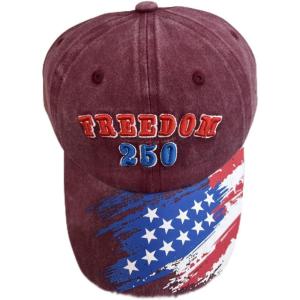 Vintage Baseball Cap with Freedom Embroidery, Adjustable Baseball Hat Cotton Dad Hat for US 250th Anniversary, Red