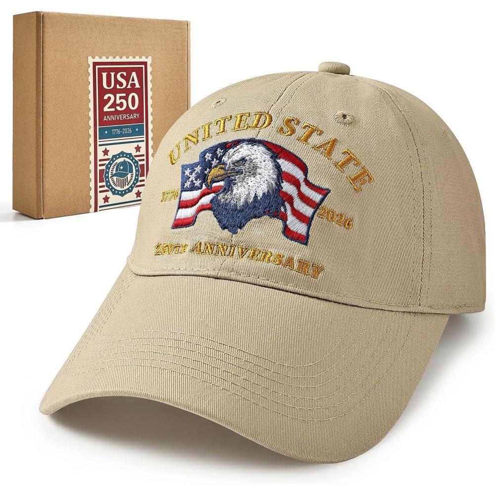 image:image250 Anniversary USA Hat 17762026 Commemorative Patriotic Hat Bald Eagle Embroidery Baseball Cap with Adjustable StrapKhaki