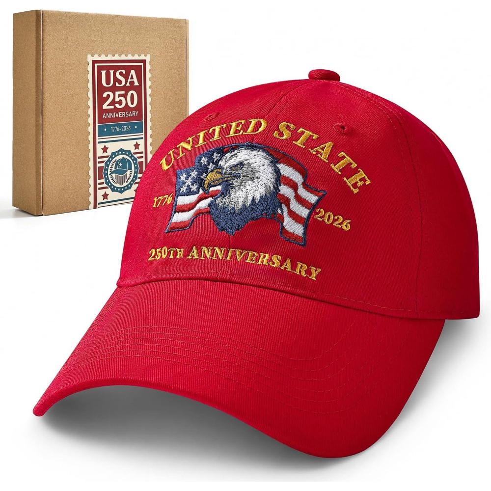 image:image250 Anniversary USA Hat 17762026 Commemorative Patriotic Hat Bald Eagle Embroidery Baseball Cap with Adjustable StrapRed