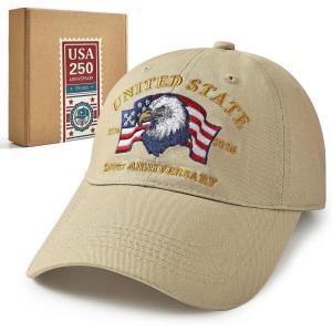 250 Anniversary USA Hat, 1776–2026 Commemorative Patriotic Hat, Bald Eagle Embroidery Baseball Cap with Adjustable Strap(Khaki)