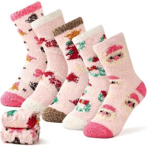 Moyel Fuzzy Socks for Women Girls Christmas Gifts 5 Pairs Socks Winter Slipper with Grip(Pink)