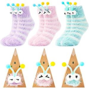 Moyel Fuzzy Socks for Women Girls Christmas Gifts 5 Pairs Socks Winter Slipper with Grip(Purple Pink Blue)