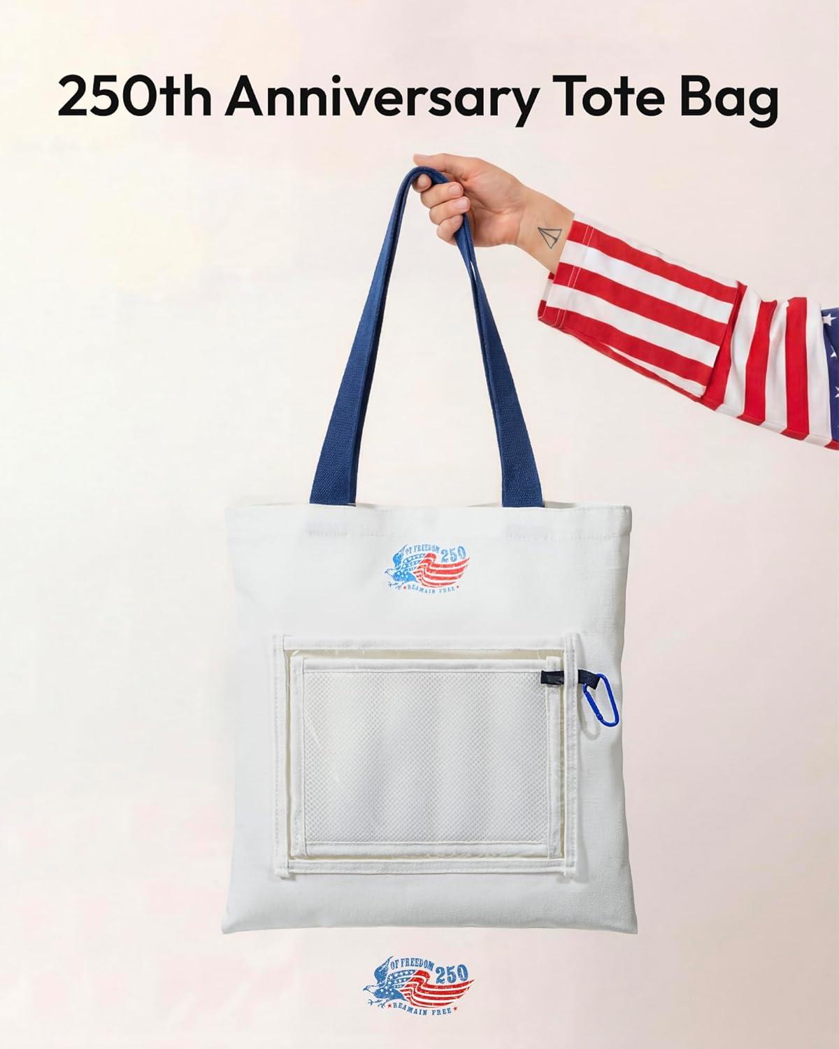 image:imageMoyel Vintage 250th Anniversary Canvas Tote Bag with Makeup Zipper Pouch amp Transparent Patch Display Reusable Canvas Bag for Women Personalizable Pin Bag for Badges amp Keychains White