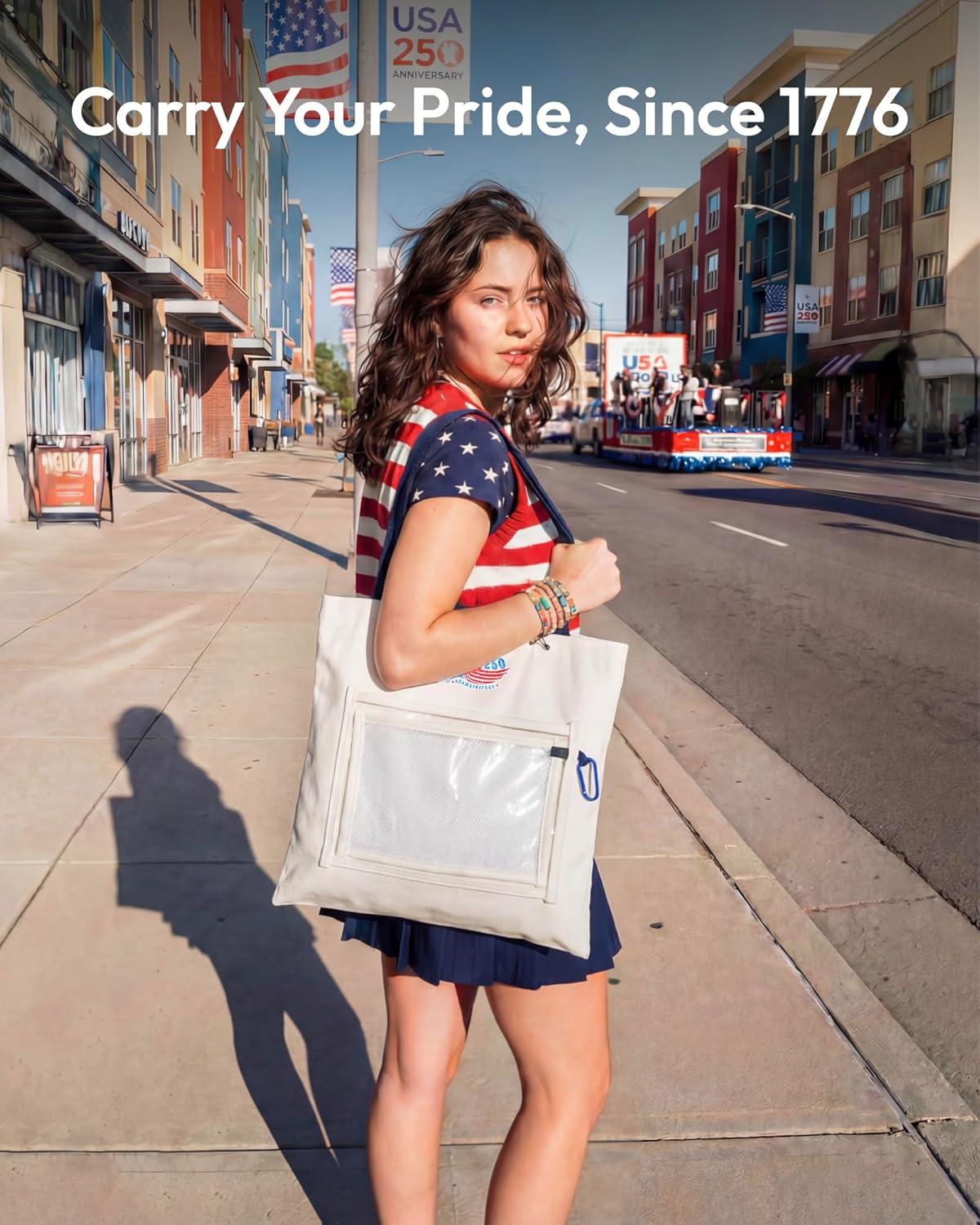 image:imageMoyel Vintage 250th Anniversary Canvas Tote Bag with Makeup Zipper Pouch amp Transparent Patch Display Reusable Canvas Bag for Women Personalizable Pin Bag for Badges amp Keychains White