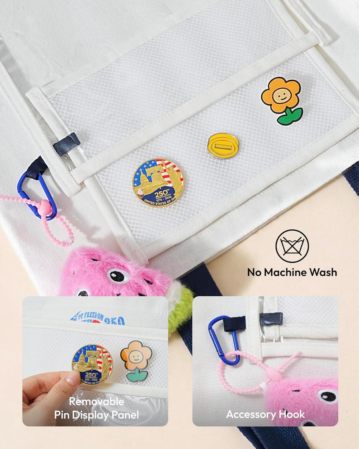 image:imageMoyel Vintage 250th Anniversary Canvas Tote Bag with Makeup Zipper Pouch amp Transparent Patch Display Reusable Canvas Bag for Women Personalizable Pin Bag for Badges amp Keychains White