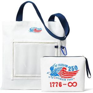 Moyel Vintage 250th Anniversary Canvas Tote Bag with Makeup Zipper Pouch & Transparent Patch Display, Reusable Canvas Bag for Women, Personalizable Pin Bag for Badges & Keychains, White
